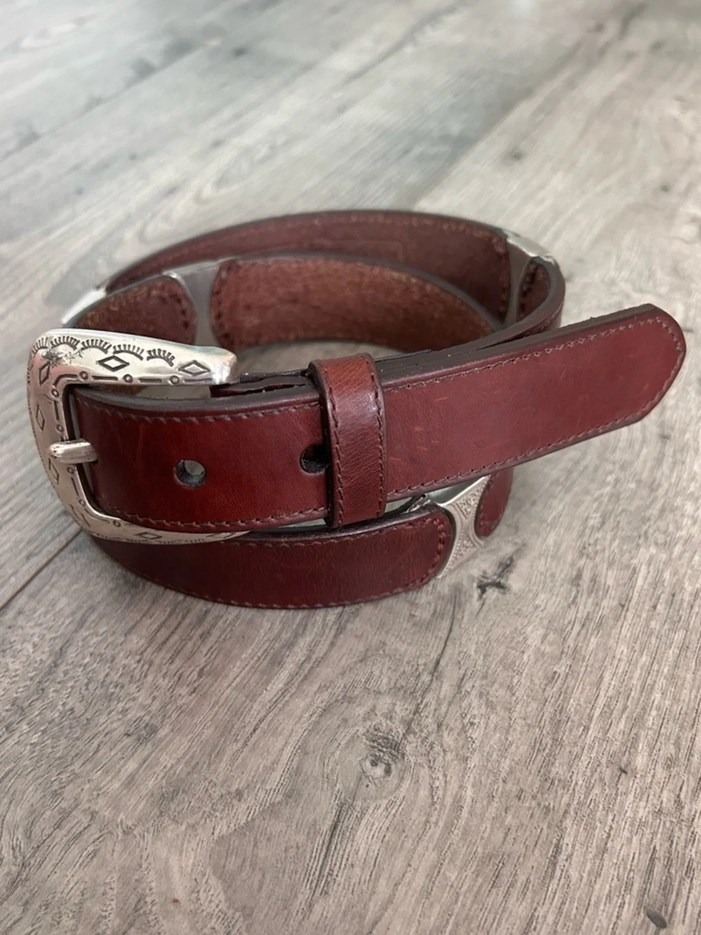 Fossil Brown Leather Belt Etched Silver Buckle & Accents